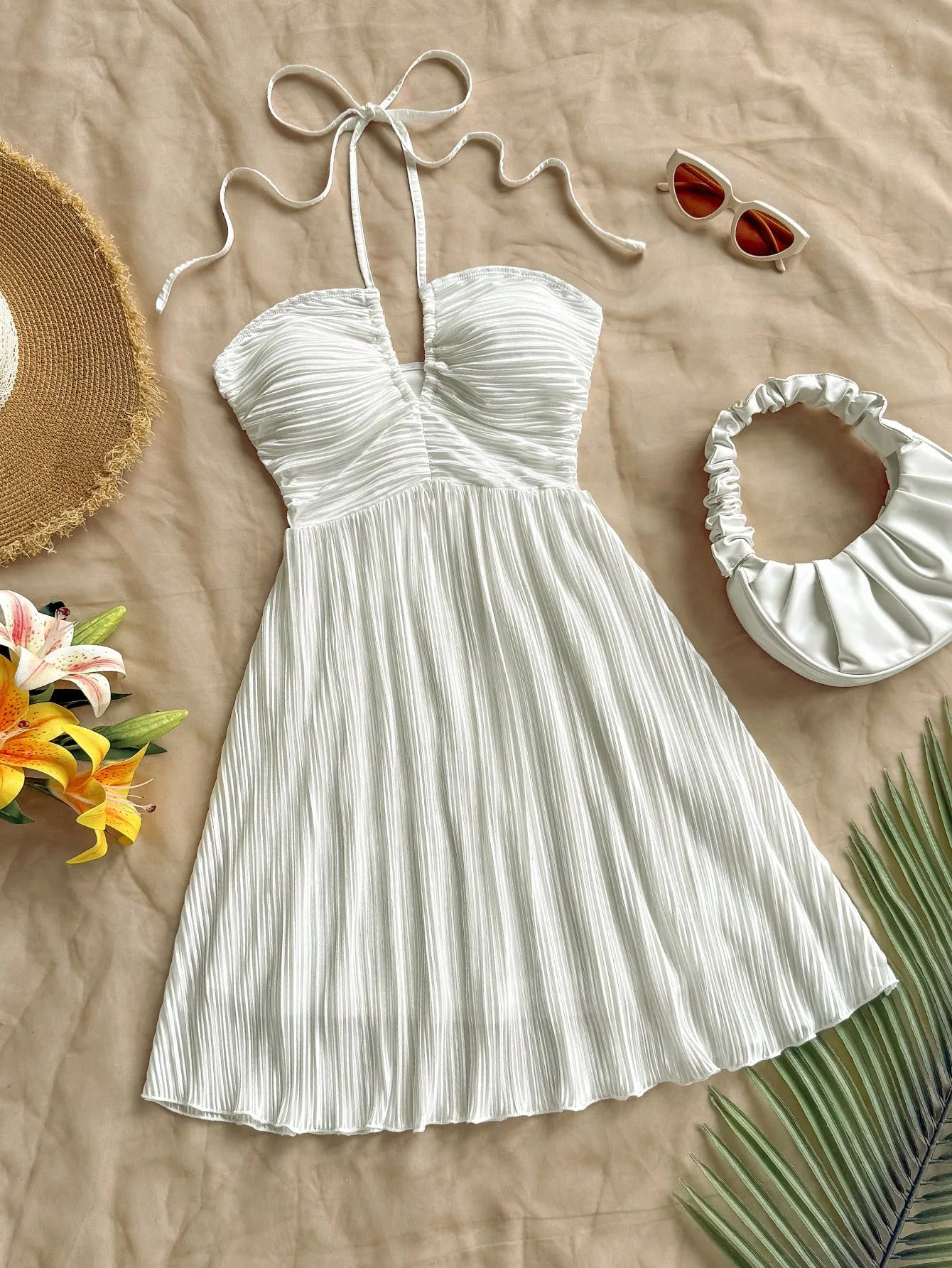 Pleated Halter Tie Mini Dress with A-Line Vacation Inspired Summer Silhouette