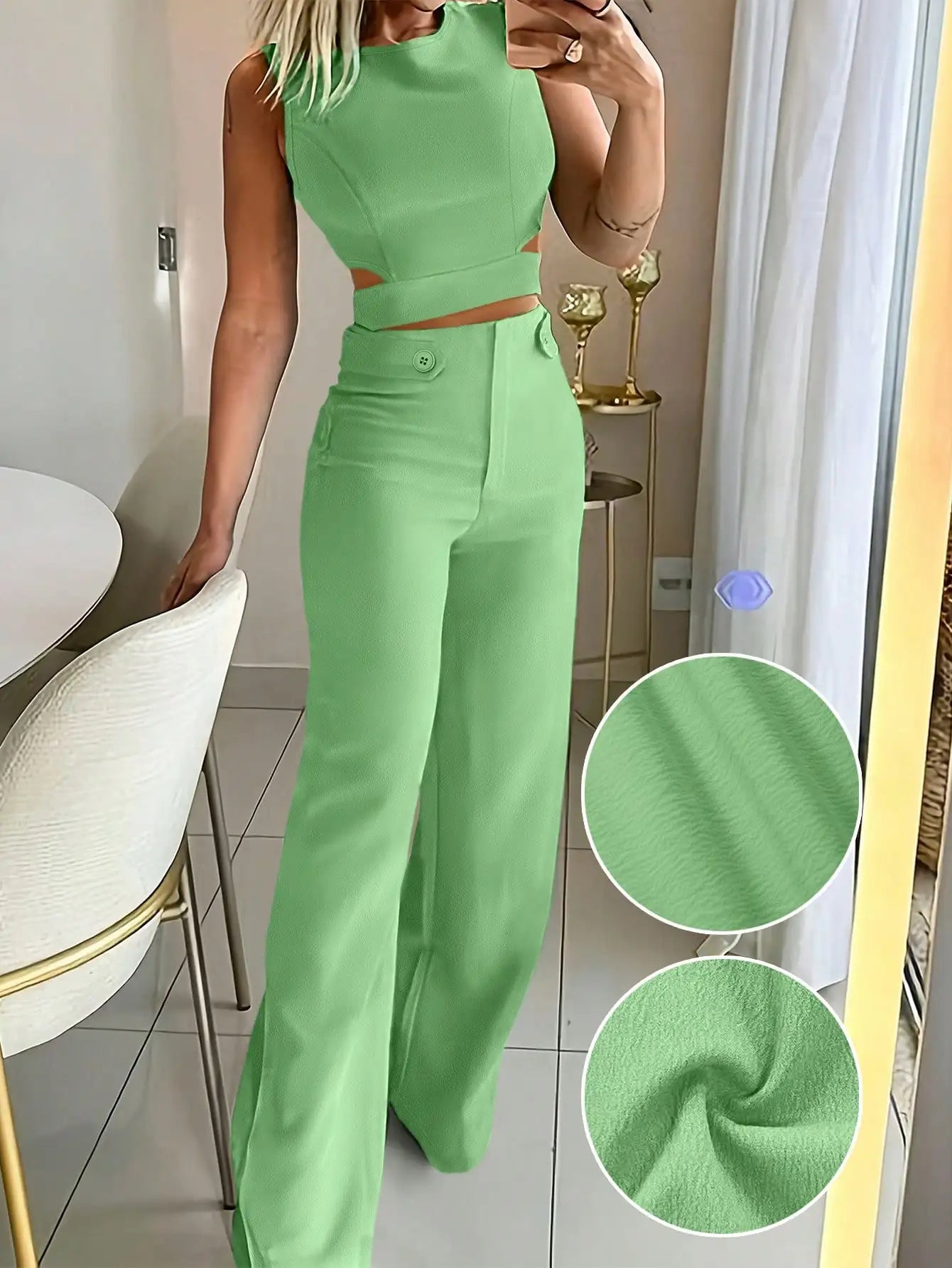 Sleeveless Button Detail Top and Flare Pants Casual Co-Ord Set
