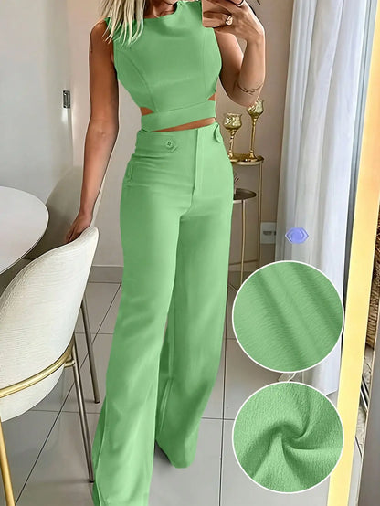 Sleeveless Button Detail Top and Flare Pants Casual Co-Ord Set