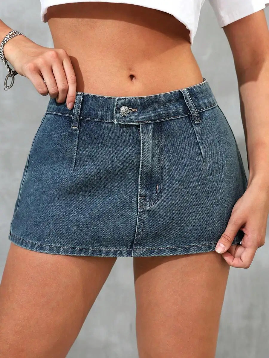 High Waist A-Line Denim Mini Skirt with Distressed Hem Detail