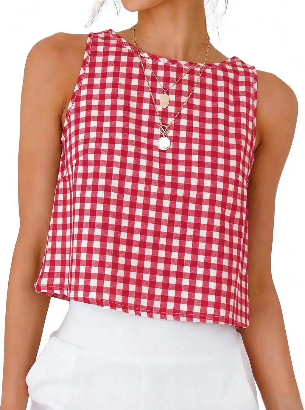 Gingham Sleeveless Crop Top with Minimalist Silhouette and Vintage Inspired Style