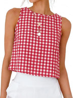 Gingham Sleeveless Crop Top with Minimalist Silhouette and Vintage Inspired Style