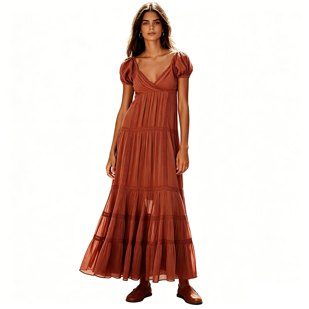 Pleated Maxi Dress With Puff Sleeves And Flowing Silhouette