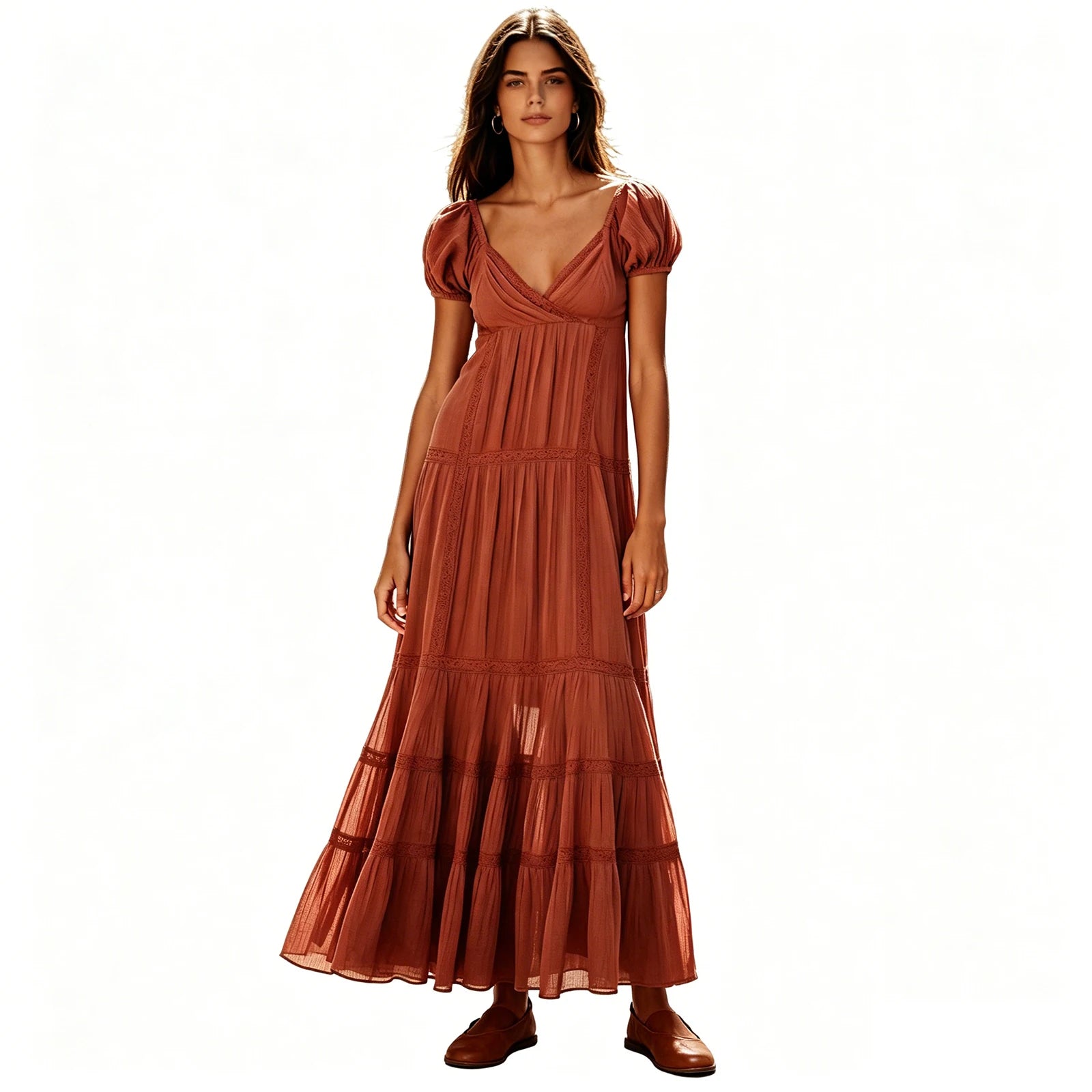 Pleated Maxi Dress With Puff Sleeves And Flowing Silhouette