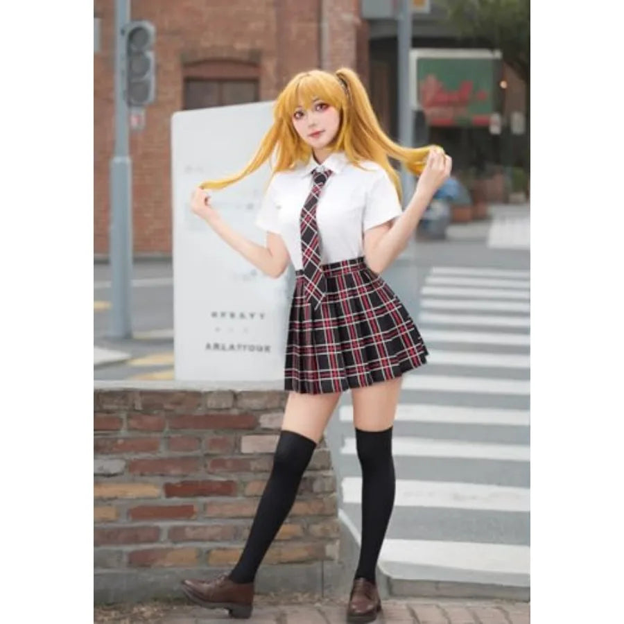 Women's Pleated School-Inspired Uniform Set with Short Sleeve Top, Bow Tie and Matching Accessories