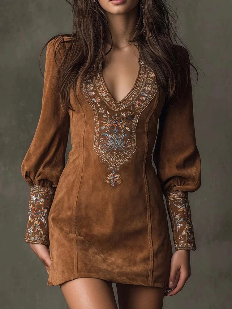 Vintage Embroidered Bohemian Inspired Relaxed Fit Alternative Mini Dress