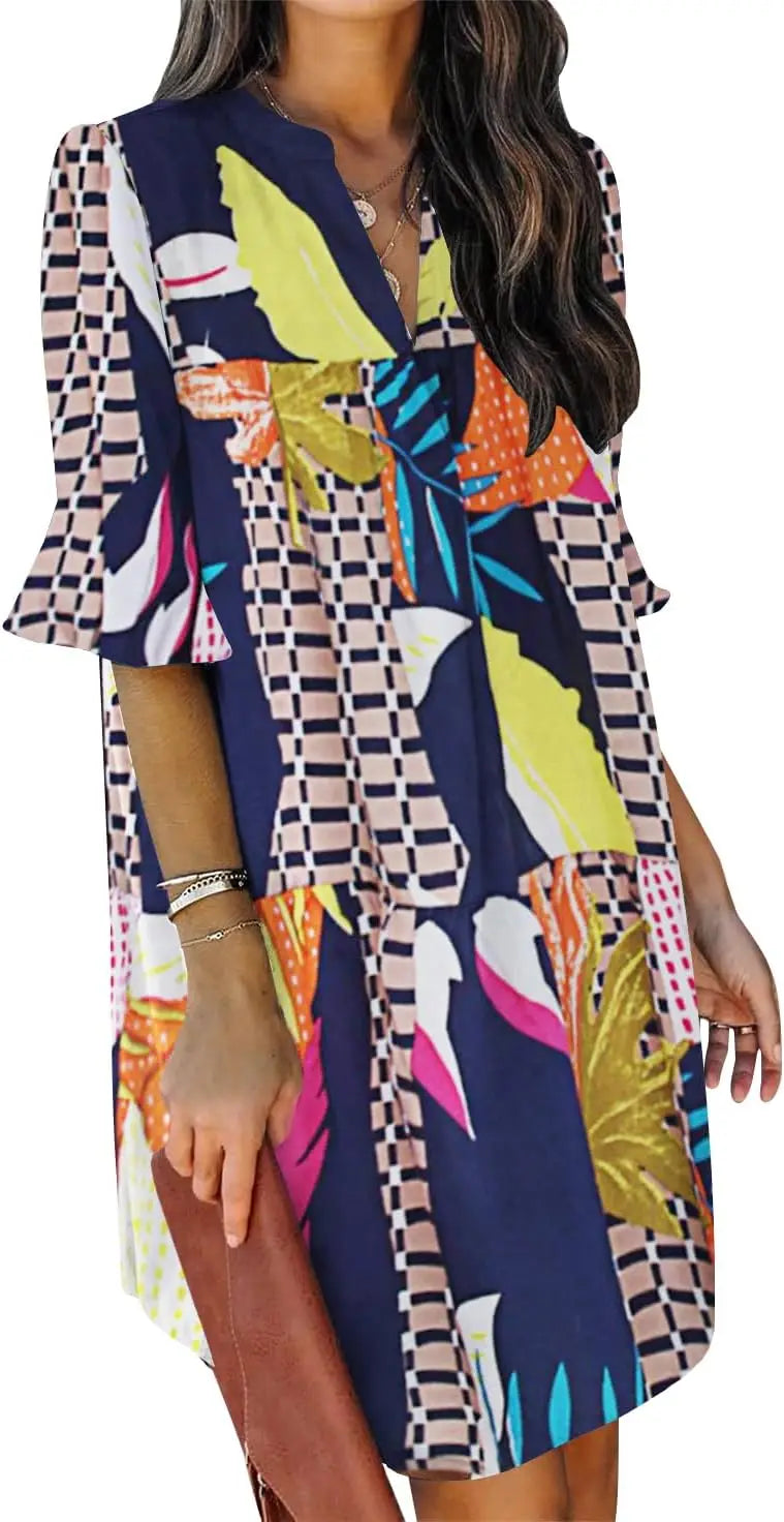 Oversized V-Neck Mini Dress with Ruffle Sleeves Contemporary Casual Streetwear Style