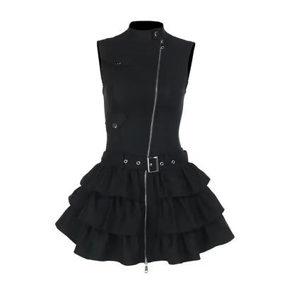 Structured Gothic Mini Dress with Utility-Inspired Alternative Fashion Details