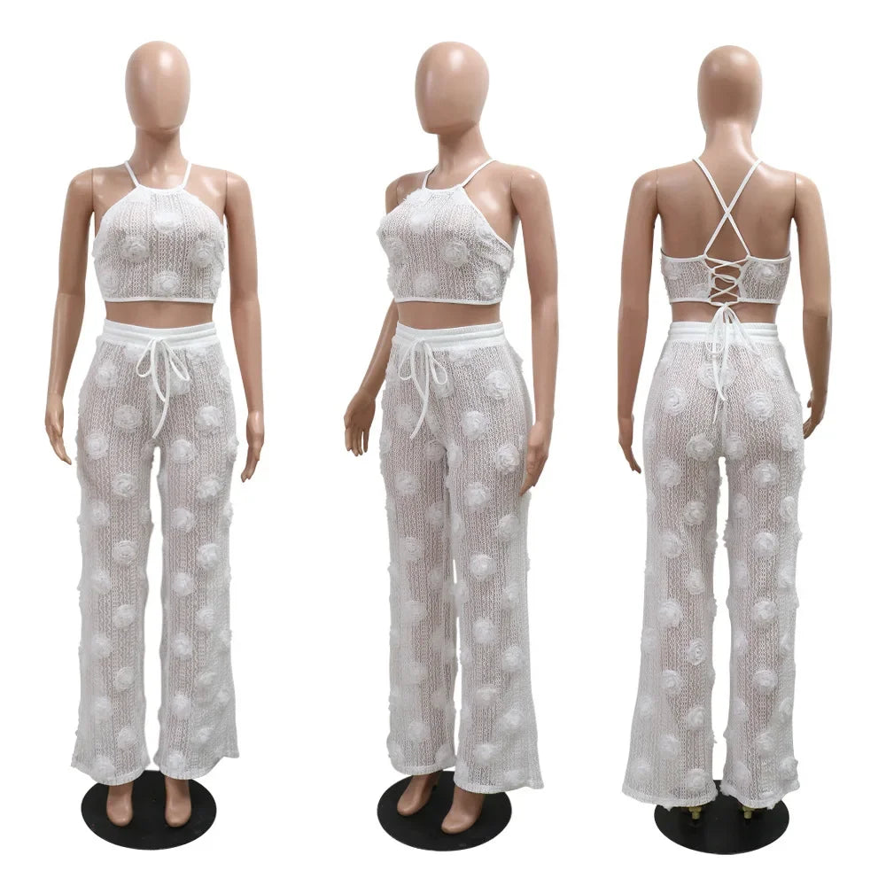 Floral Applique Crop Top and Wide Leg Pants Statement Co-Ord Set