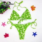Vibrant Green Floral Underwire Bikini with Ruched Texture