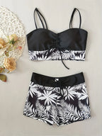 Tropical Leaf Print Two-Piece Tankini Set with Adjustable Straps and High-Waisted Shorts