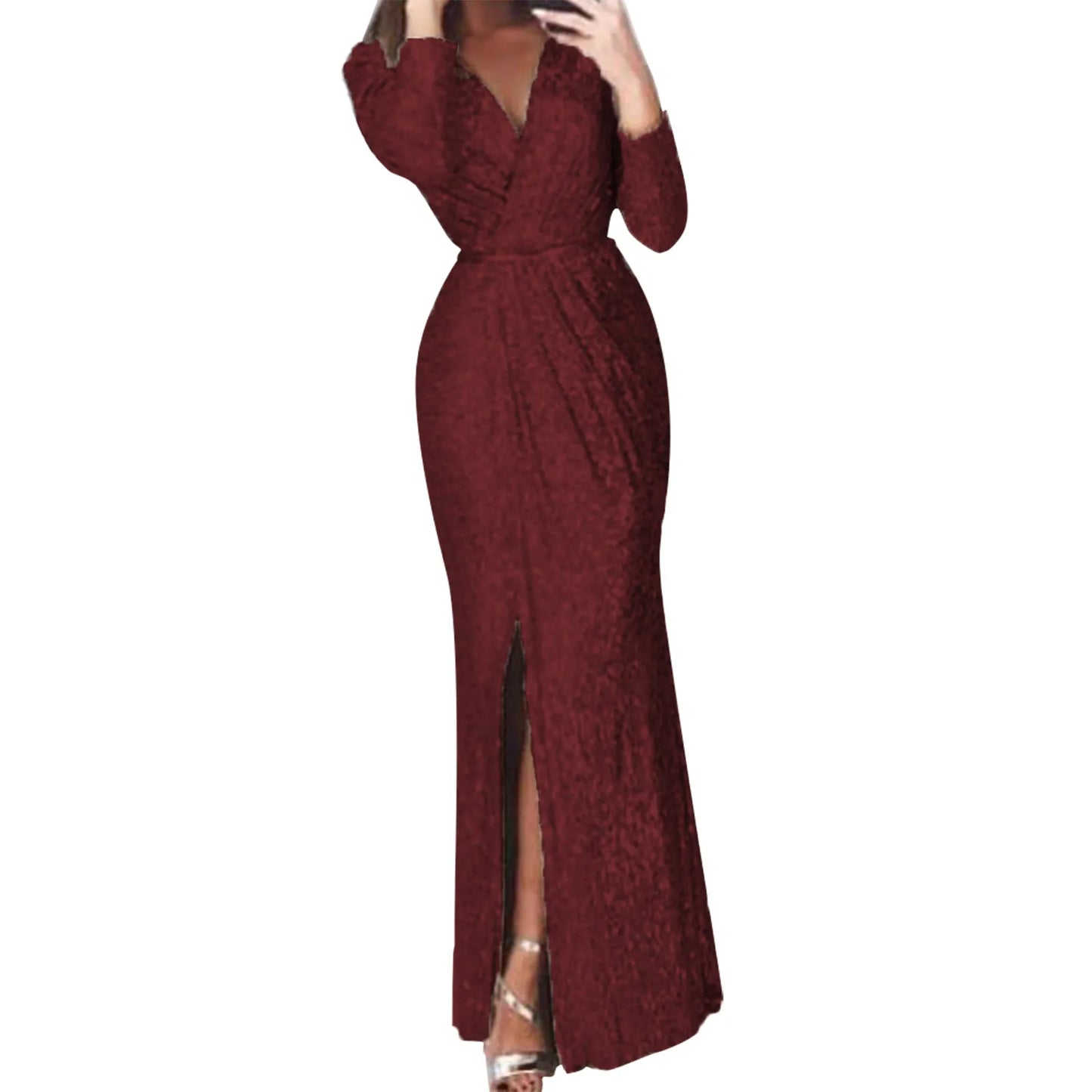 Textured Long Sleeve Maxi Dress With Sculpted Fit And Slit