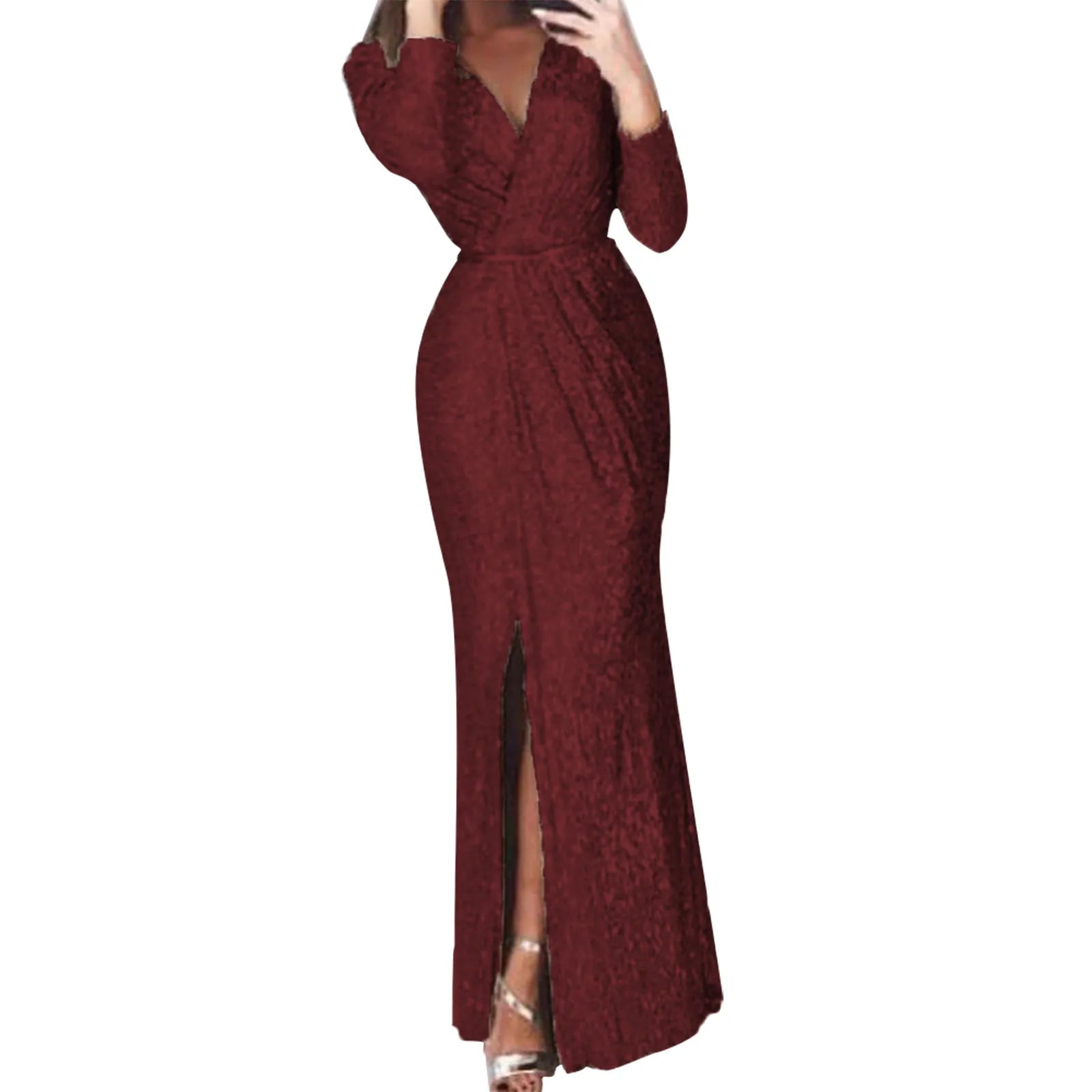 Textured Long Sleeve Maxi Dress With Sculpted Fit And Slit