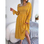 Square Neck Polka Dot Maxi Dress with Long Sleeves and Flowy Silhouette