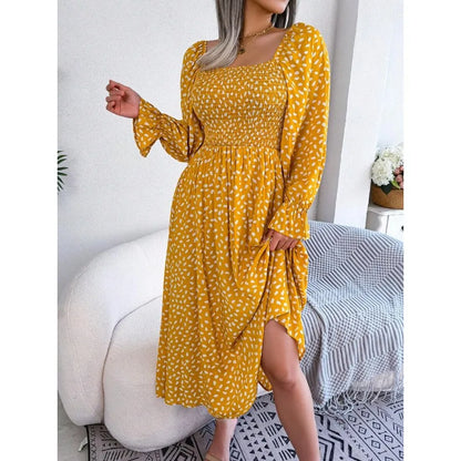 Square Neck Polka Dot Maxi Dress with Long Sleeves and Flowy Silhouette