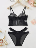 Midnight Sheer Mesh Longline Bralette and Strappy Cutout Panty Set