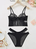 Midnight Sheer Mesh Longline Bralette and Strappy Cutout Panty Set