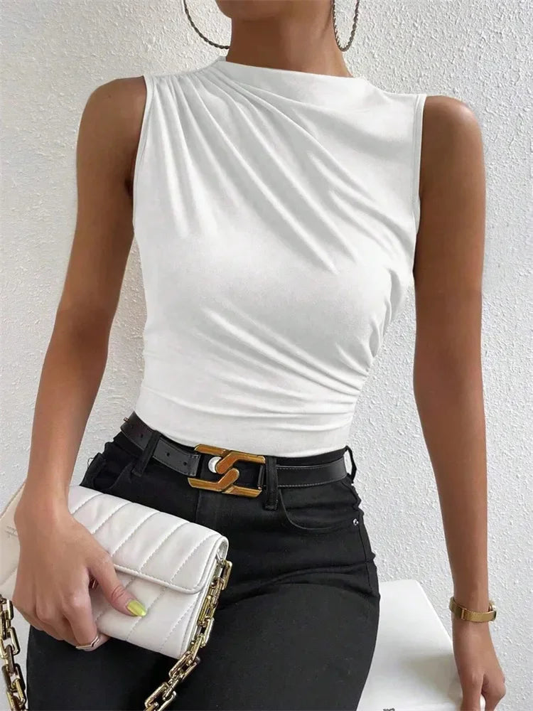 Mock Neck Ruched Tank Top with Slim Fit Stretch Everyday Modern Streetwear Style