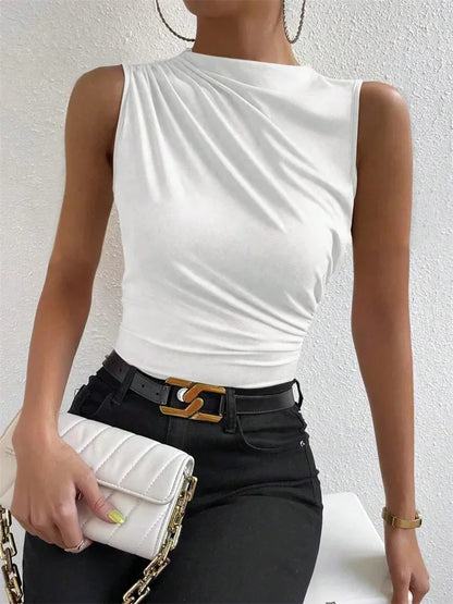 Mock Neck Ruched Tank Top with Slim Fit Stretch Everyday Modern Streetwear Style