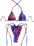 Vibrant Abstract Print Triangle String Bikini with Ruched Side-Tie Bottom
