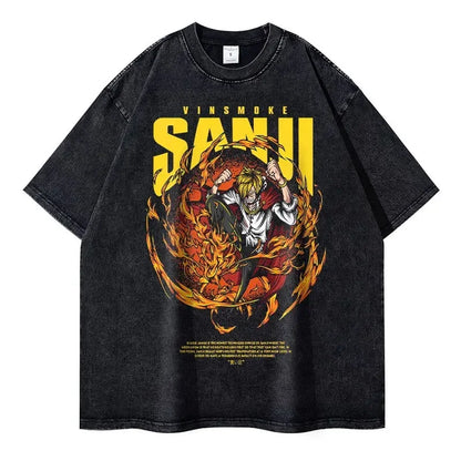 Vintage Anime-Inspired Flame Warrior Streetwear Oversized Cotton Graphic T-Shirt
