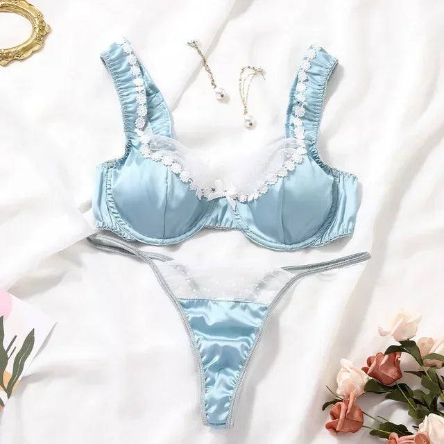 Shimmering Light Blue Satin and White Lace Underwire Demi Bra Set