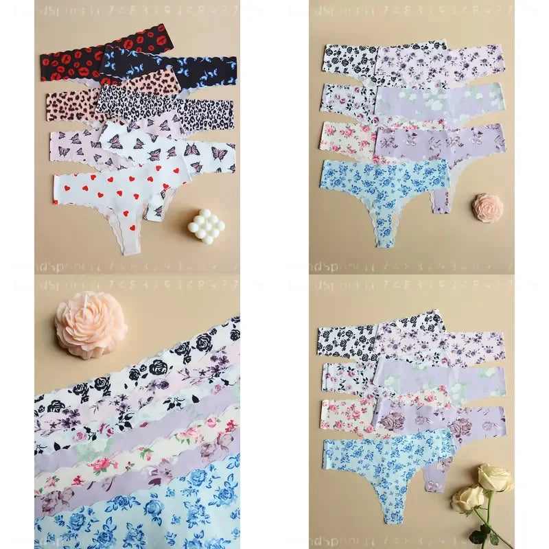 7-Piece Women’s Printed Seamless-Style Briefs Set with Butterfly, Heart and Lip Motifs, Assorted Colors and Playful Design