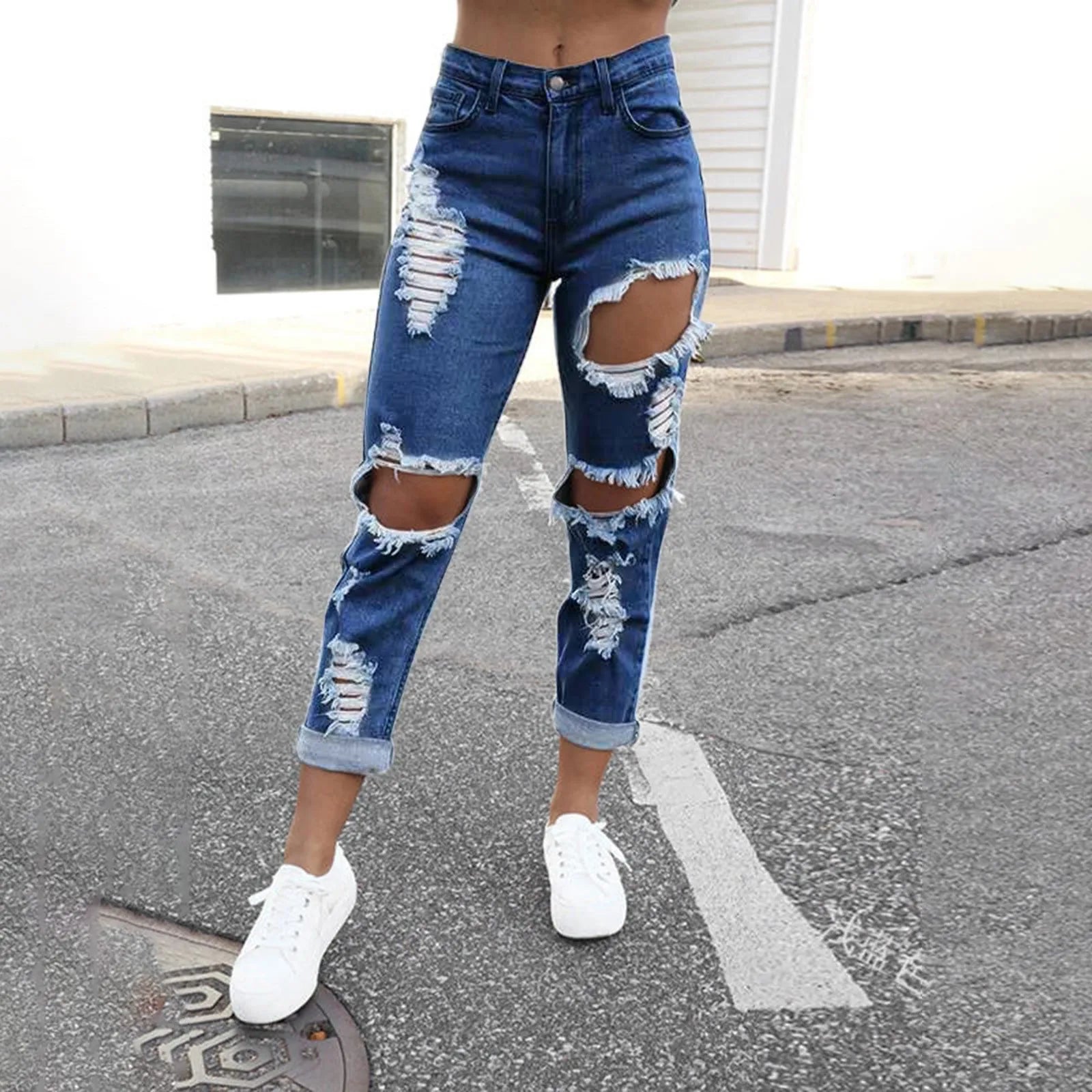 Women's Distressed Straight Leg Denim Jeans with Frayed Ripped Details and Relaxed Fit