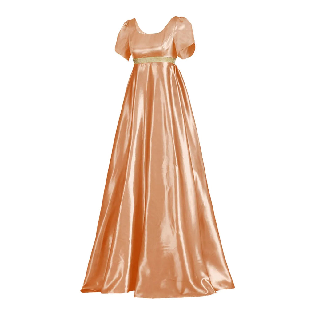 Vintage-Inspired Satin Maxi Dress with Puff Sleeves and Empire Waist