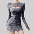 Ribbed Long Sleeve Sweater Mini Dress with Cutout Detail Contemporary Style