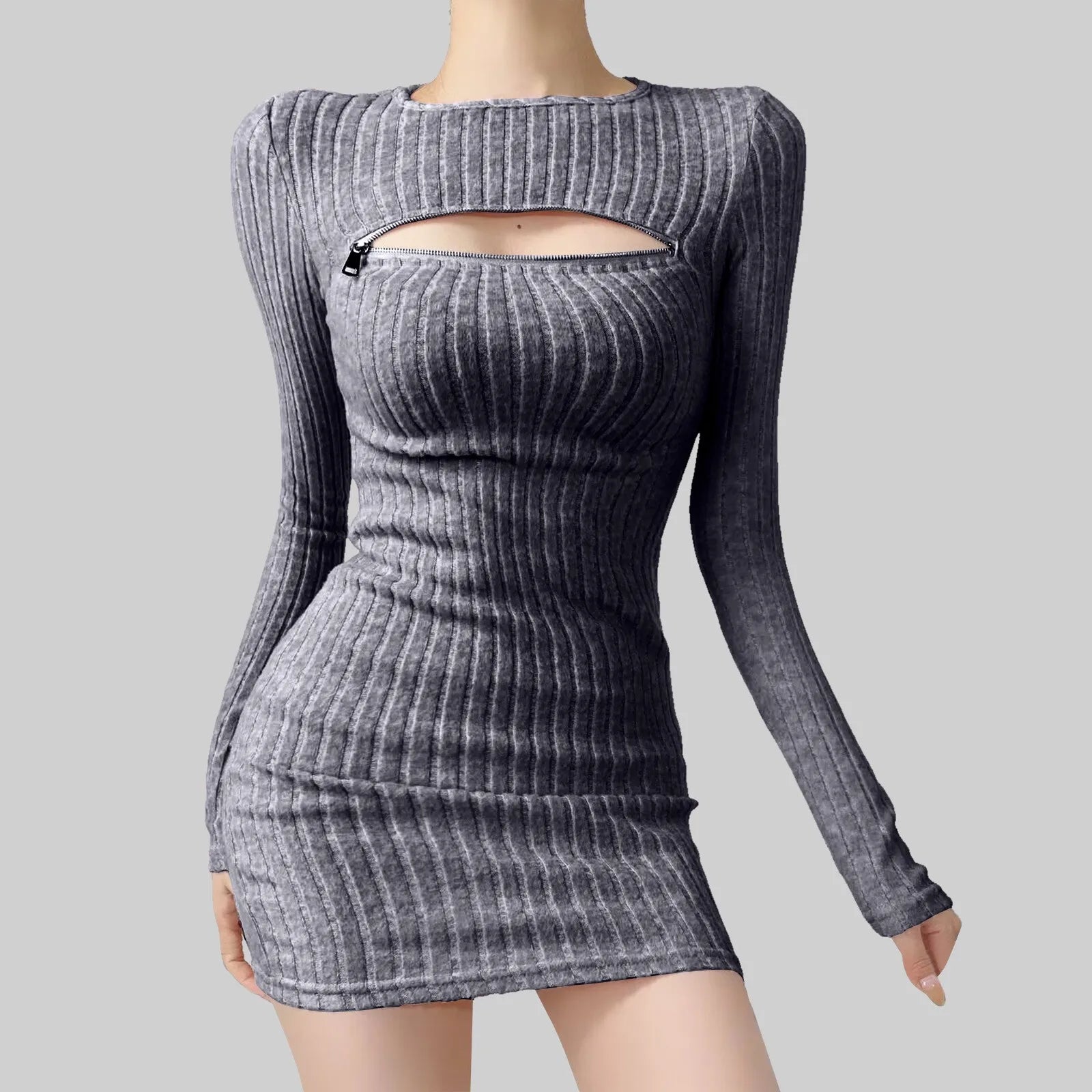 Ribbed Long Sleeve Sweater Mini Dress with Cutout Detail Contemporary Style