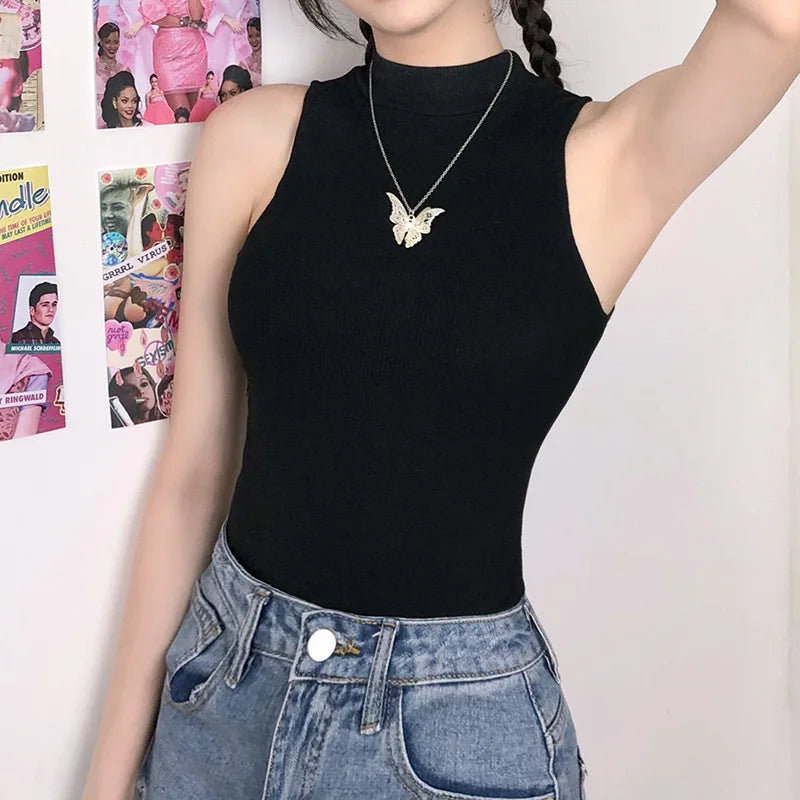 High Neck Sleeveless Bodycon Bodysuit for Gothic and Alternative Streetwear