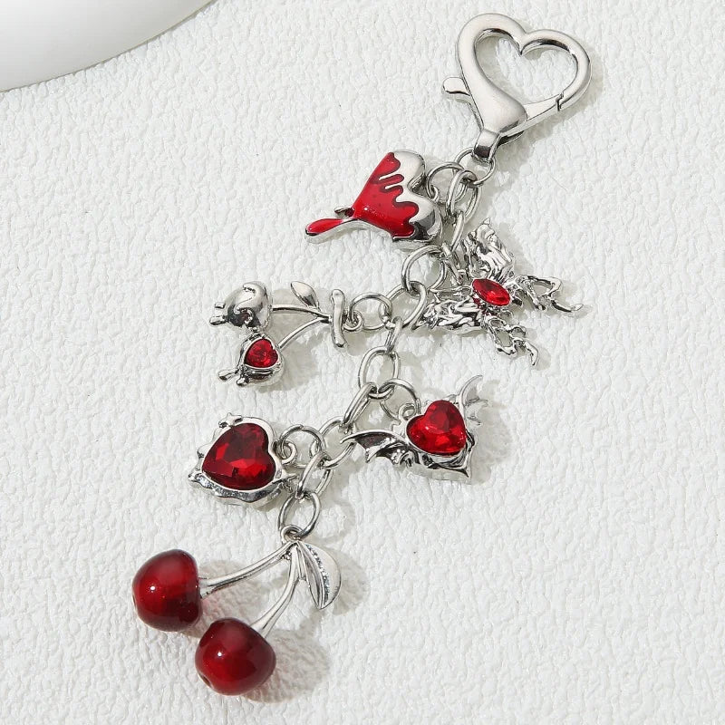 Neo Gothic Charm Keychain with Heart Cherry and Butterfly Accents