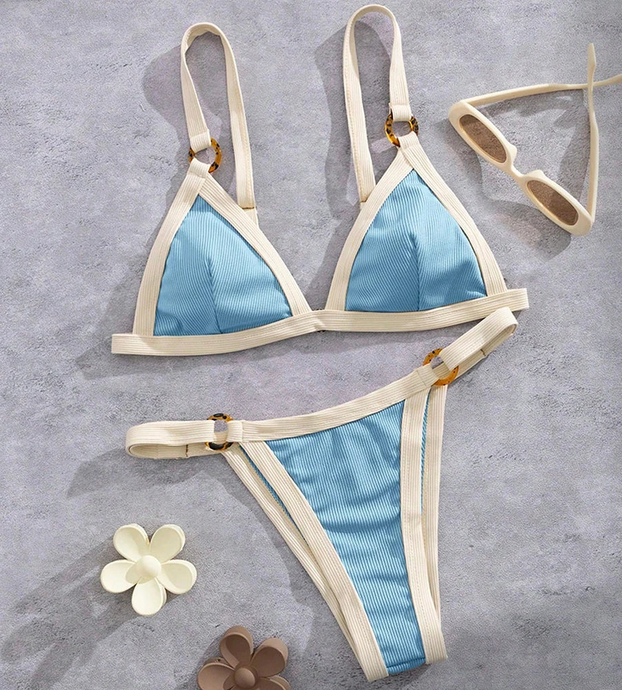 Textured Taupe Triangle Bikini with White Contrast Piping and Ring Hardware