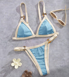 Textured Taupe Triangle Bikini with White Contrast Piping and Ring Hardware