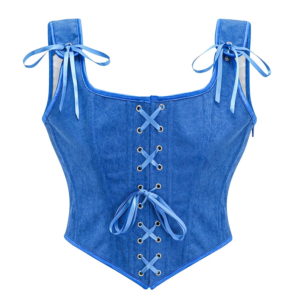 Vintage Lace-Up Corset Top with Shoulder Ties and Structured Panel Design