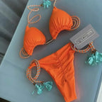 Soft Periwinkle Triangle Bikini Set with Two-Tone Twisted Rope and Tassel Details