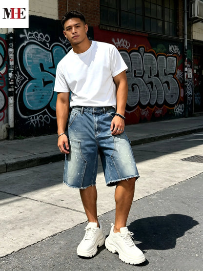 Men's Relaxed Denim Cargo Shorts with Utility Pockets and Garment Washed Casual Streetwear Fit