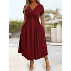 Flowing V Neck Midi Dress With Soft Draped Silhouette