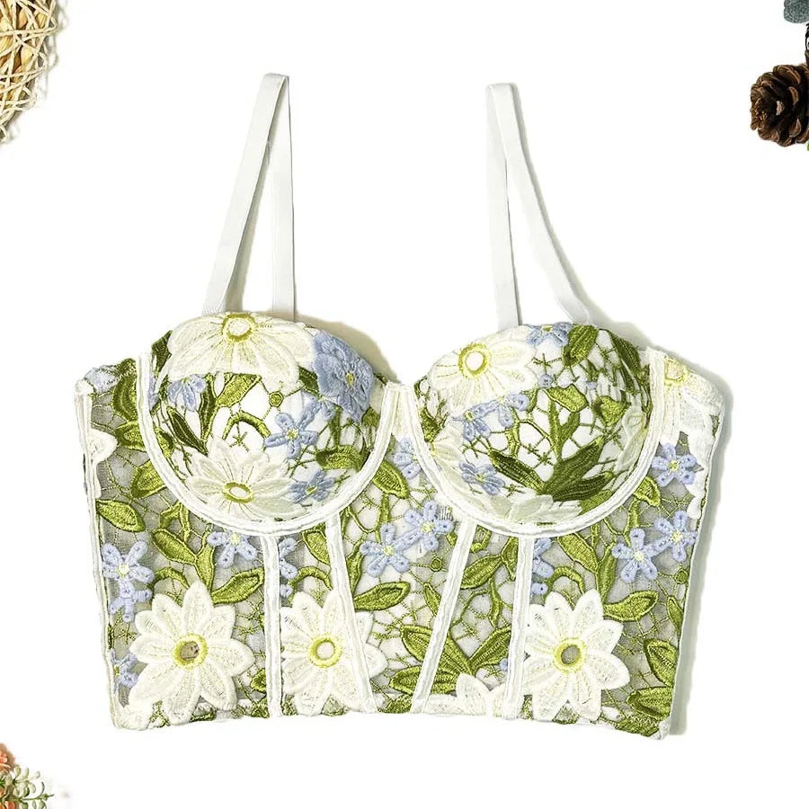 Floral Lace Bustier Top with Embroidered Detailing and Structured Cups