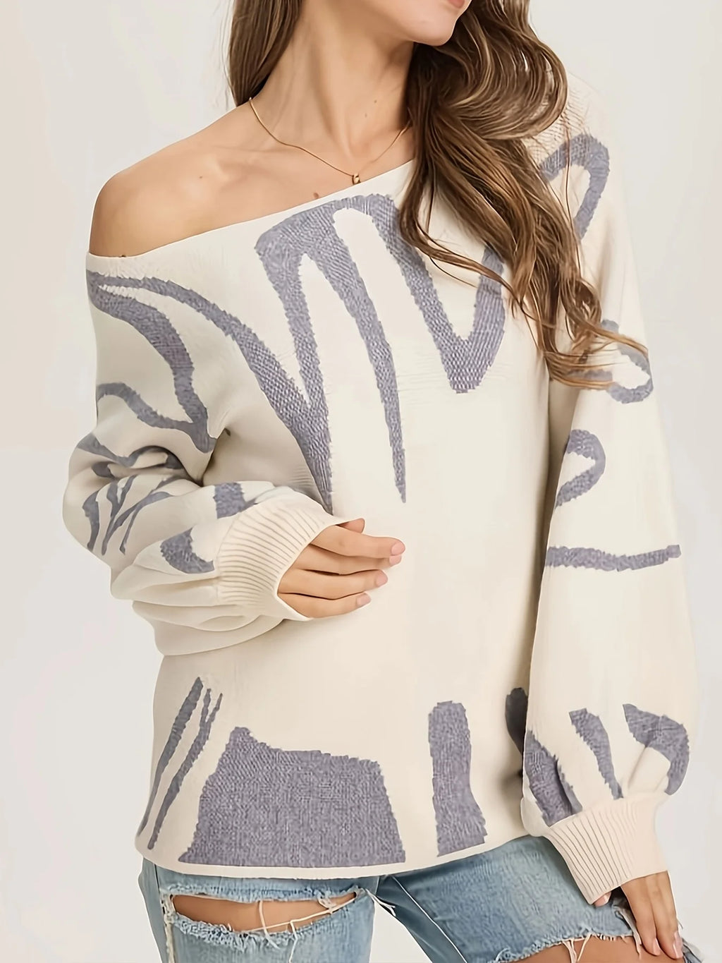 Women's Abstract Pattern Boat Neck Sweater with Relaxed Long Sleeve Fit