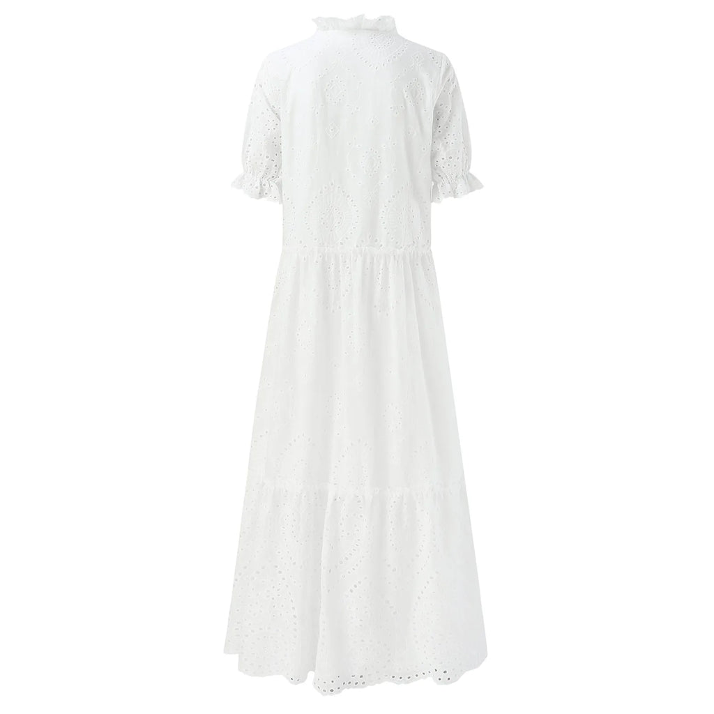 Ruffle Sleeve Eyelet Midi Dress with V Neck and Flowy Silhouette