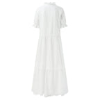 Ruffle Sleeve Eyelet Midi Dress with V Neck and Flowy Silhouette