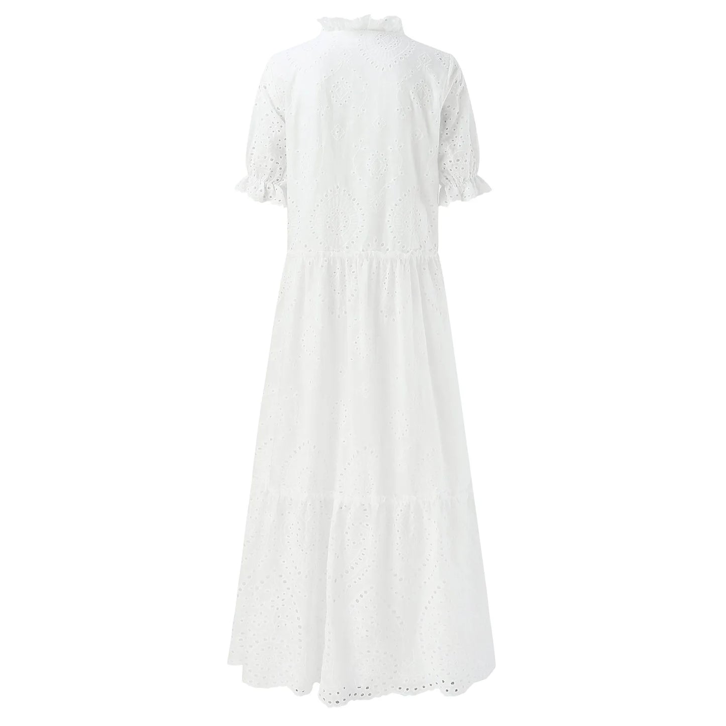 Ruffle Sleeve Eyelet Midi Dress with V Neck and Flowy Silhouette