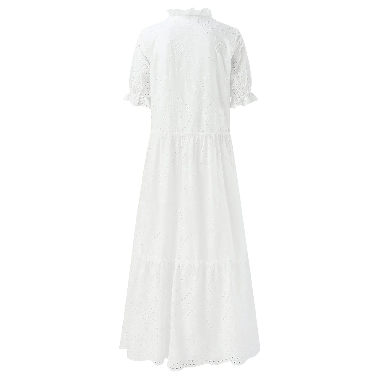 Ruffle Sleeve Eyelet Midi Dress with V Neck and Flowy Silhouette
