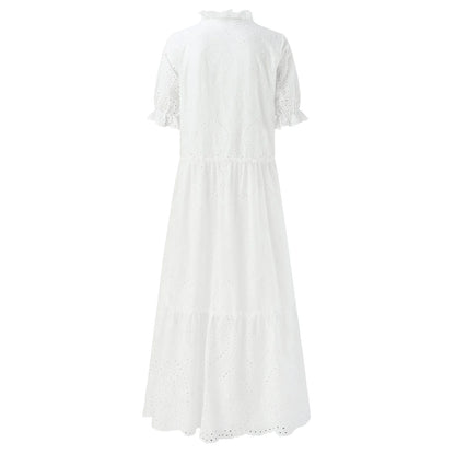 Ruffle Sleeve Eyelet Midi Dress with V Neck and Flowy Silhouette
