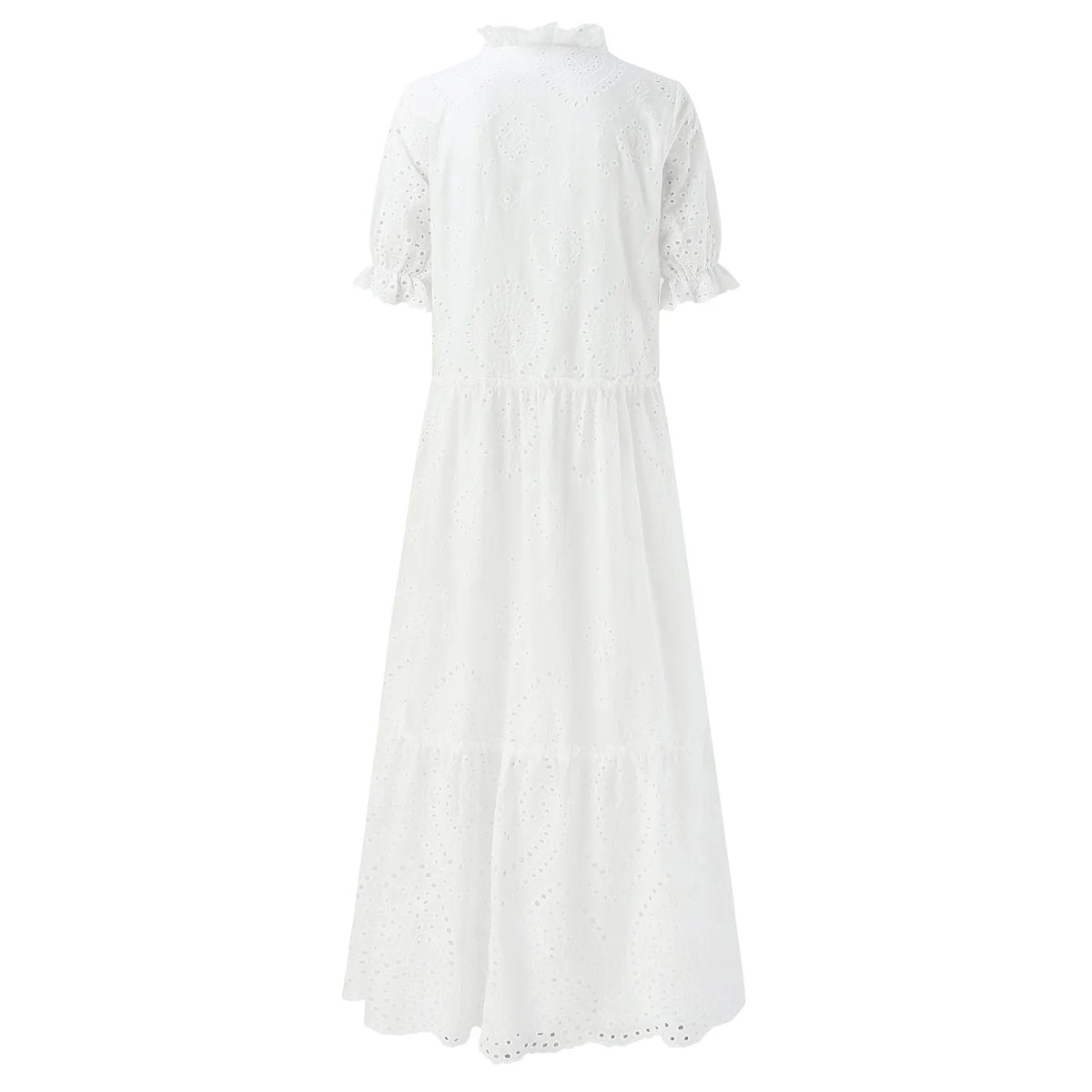 Breezy White Eyelet Maxi Dress with Flutter Sleeves and Tiered Silhouette