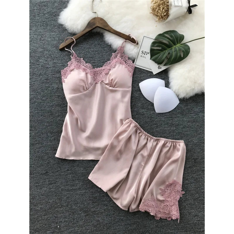 Elegant Navy Blue Satin-Finish Camisole and Shorts Set with Floral Lace Appliqué
