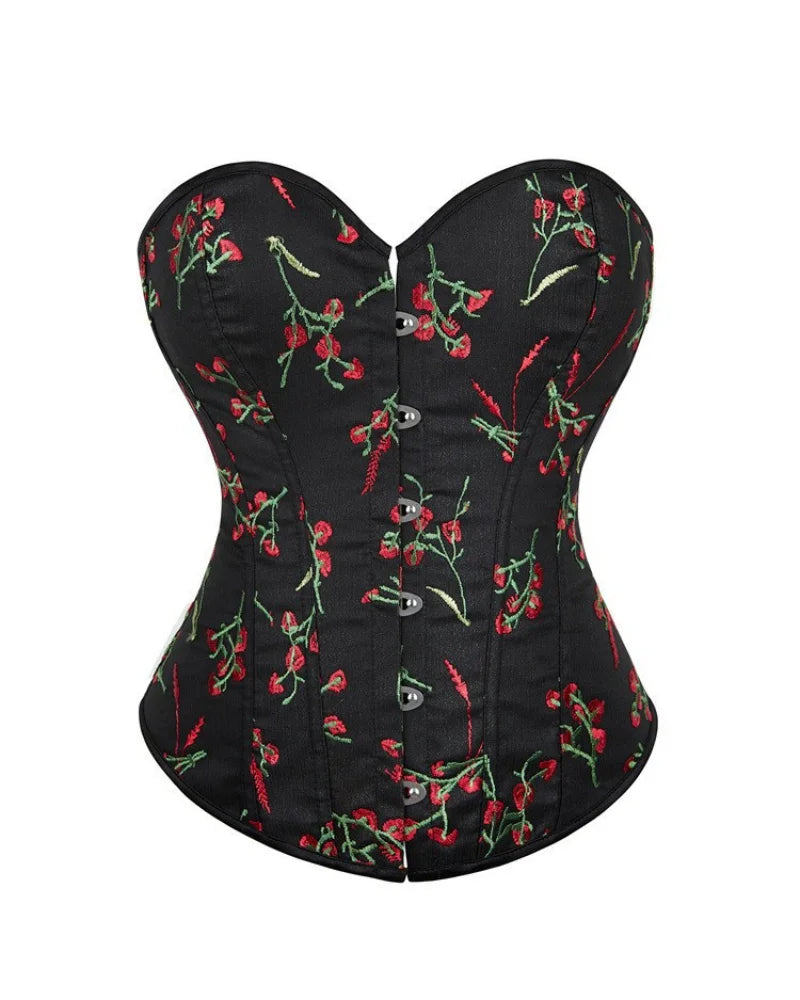 Black Sweetheart Overbust Corset with Red Botanical Embroidery and Front Clasp