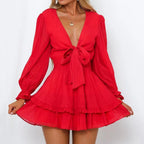 Long Sleeve Ruffle Hem Mini Dress with Tie Waist and Romantic Silhouette
